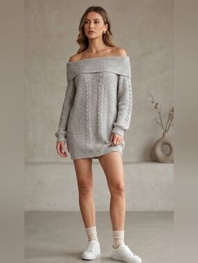 5 For $25✨Grey Knit Off The Shoulder Longsleeve Sweater Dress Womens Medium